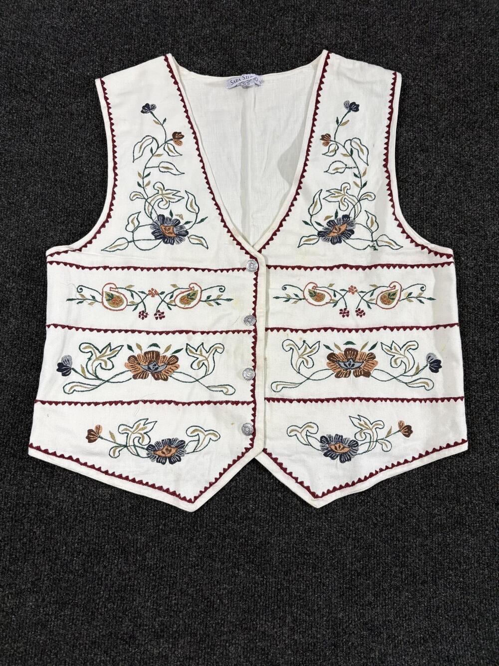 Sara Studio Vest Womens L White Embroidered Floral Button Front Cotton Boho